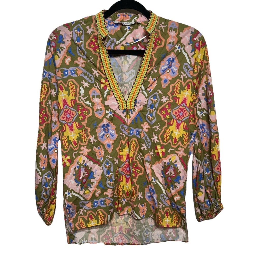 Zara Mixed Print‎ Embroidered Collar Tunic Shirt Women's Size XS Peasant Boho